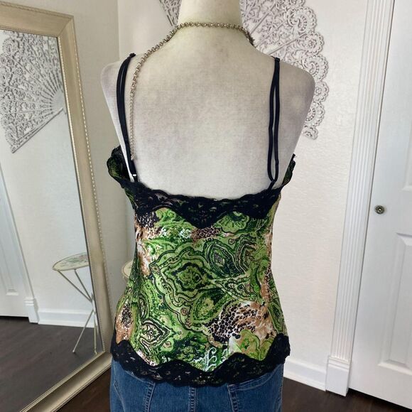 Early 2000's Green Black Satin Lace Trimmed Baby Phat Cami Camisole Top M - Picture 6 of 7